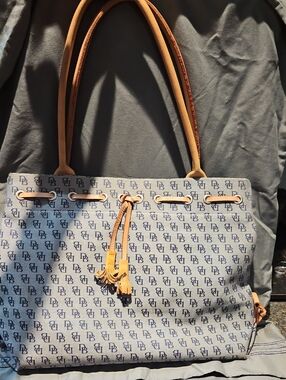 Dooney &  BourkeDesigner-Inspired Navy Monogram Tote with Tan Leather Trim